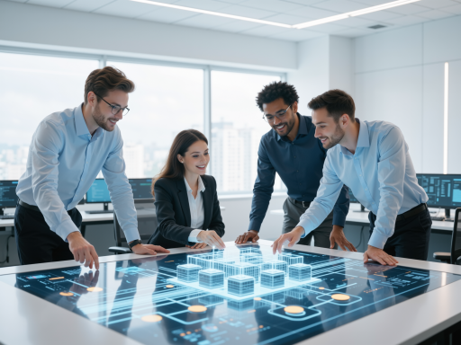 专业域名顾问团队工作场景，现代化办公室环境，商务人士专注工作，蓝色科技背景