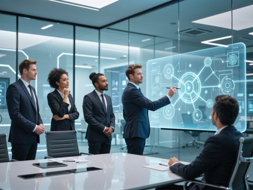 航空航天域名价值展示，显示高科技现代化办公环境，蓝色科技背景，专业商务人士讨论项目，明亮自然光